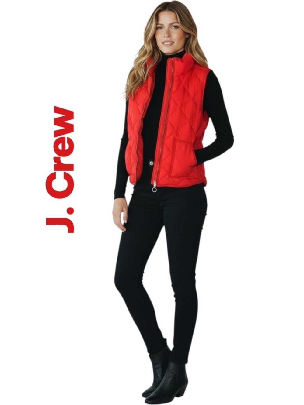 J Crew Vest Down Quilt Puffer Full Zip Mock Neck Pockets Red Jacket Sz XL